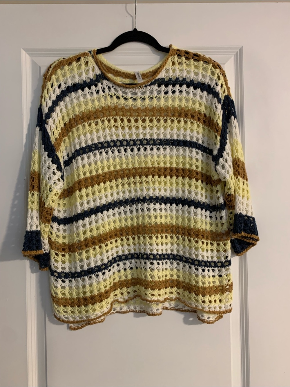 Open-Knit Striped Crewneck Sweater in Yellow, Navy & Brown